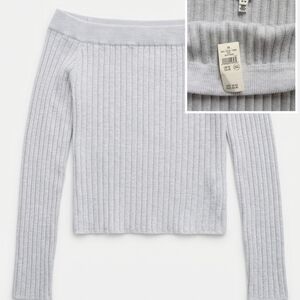 NWT Aerie Off-The-Shoulder Ribbed Long Sleeve Sweater – Gray